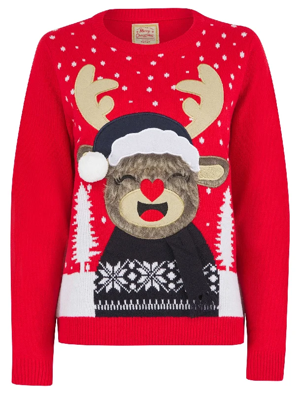 Women’s Rudolph Laughing Motif Novelty Christmas Jumper in Tokyo Red - Merry Christmas Ribbed Striped Patterned