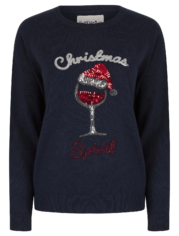 Women's Santa Wine Sequin Novelty Knitted Christmas Jumper in Ink - Merry Christmas Mesh Sweater Canvas Denim Women's Santa Wine Sequin Novelty Knitted Christmas Jumper in Ink - Merry Christmas Mesh Sweater Canvas Denim