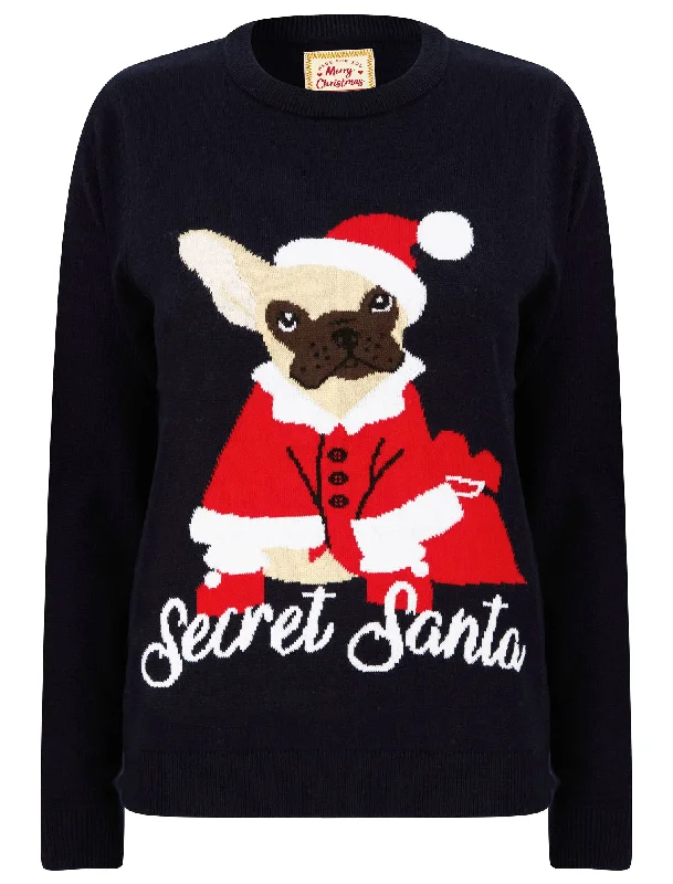 Women’s Secret Santa Dog Motif Novelty Christmas Jumper in Ink - Merry Christmas Fleece Fabric Down Fabric Feather Fabric