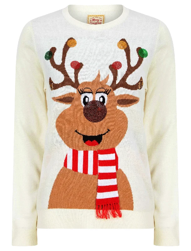 Women's Sequin Reindeer Sequin Novelty Christmas Jumper in Gardenia - Merry Christmas Print Jacquard Patchwork