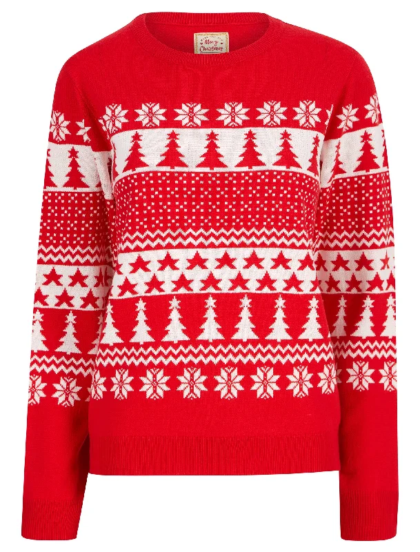 Women's Xmas Tree Jacquard Nordic Fairisle Novelty Christmas Jumper in Tokyo Red - Merry Christmas Thin Thick Dense