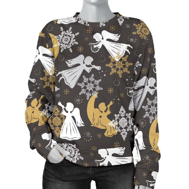 Angel Snowflake Print Pattern Women's Sweatshirt Hoodie with Elastic Cuffs Stretchable Comfortable