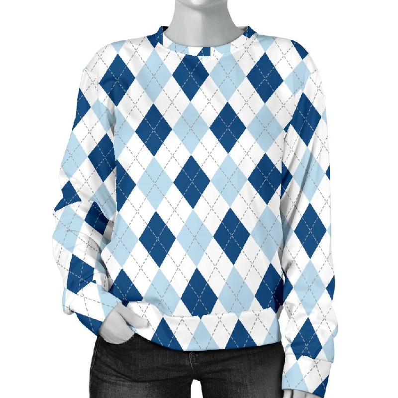 Argyle Blue Pattern Print Women's Sweatshirt Hoodie Dress Longline Feminine