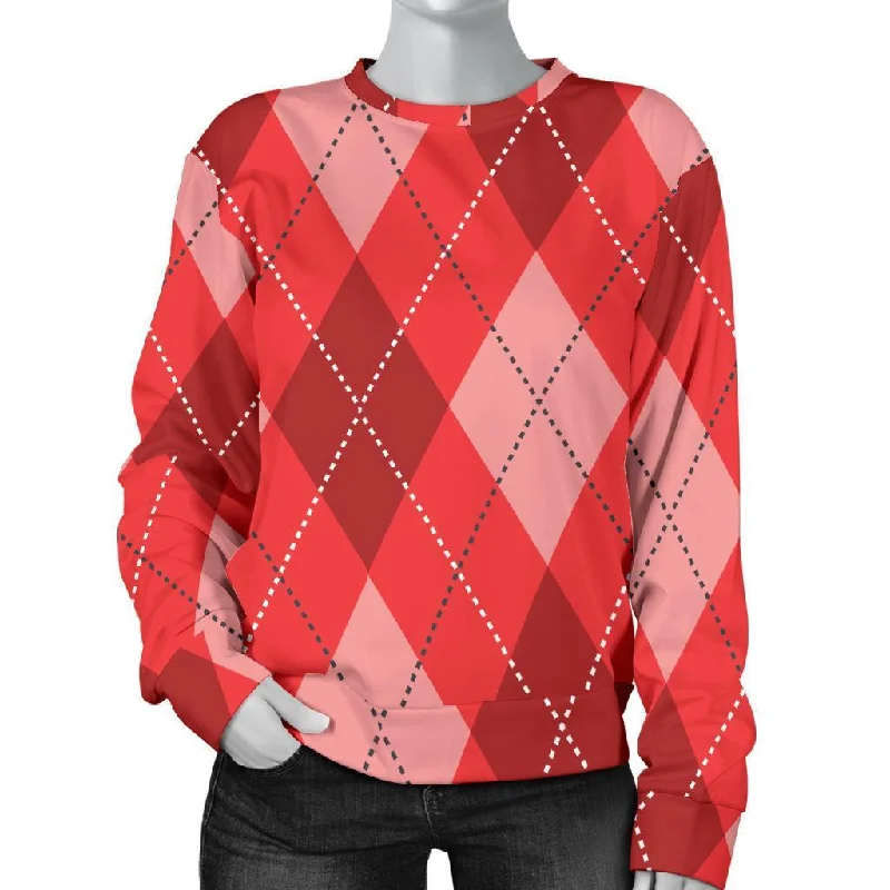 Argyle Red Pattern Print Women's Sweatshirt Hoodie with Relaxed Fit Easy Casual