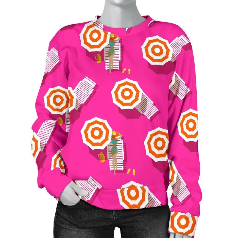 Beach Pink Pattern Print Women's Sweatshirt Hoodie with Stripes Bold Sporty