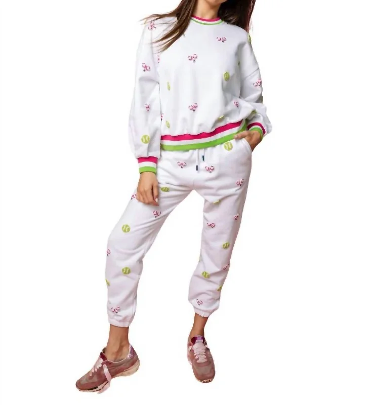 Beaded Tennis Sweatshirt In White Hoodie with Hem Patch Decorative Personalized