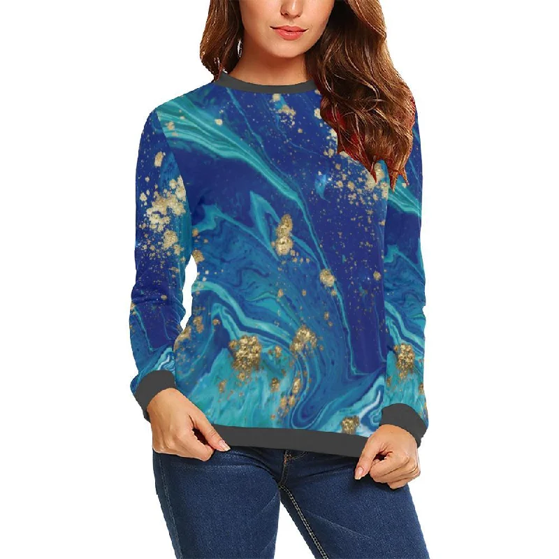 Blue Marble Pattern Print Women's Sweatshirt Hoodie with Hem Lace Feminine Delicate