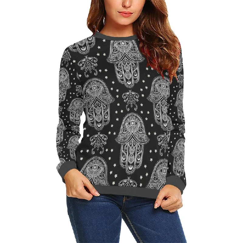 Evil Eye Hamsa Pattern Print Women's Sweatshirt Hoodie with Stripes Bold Sporty