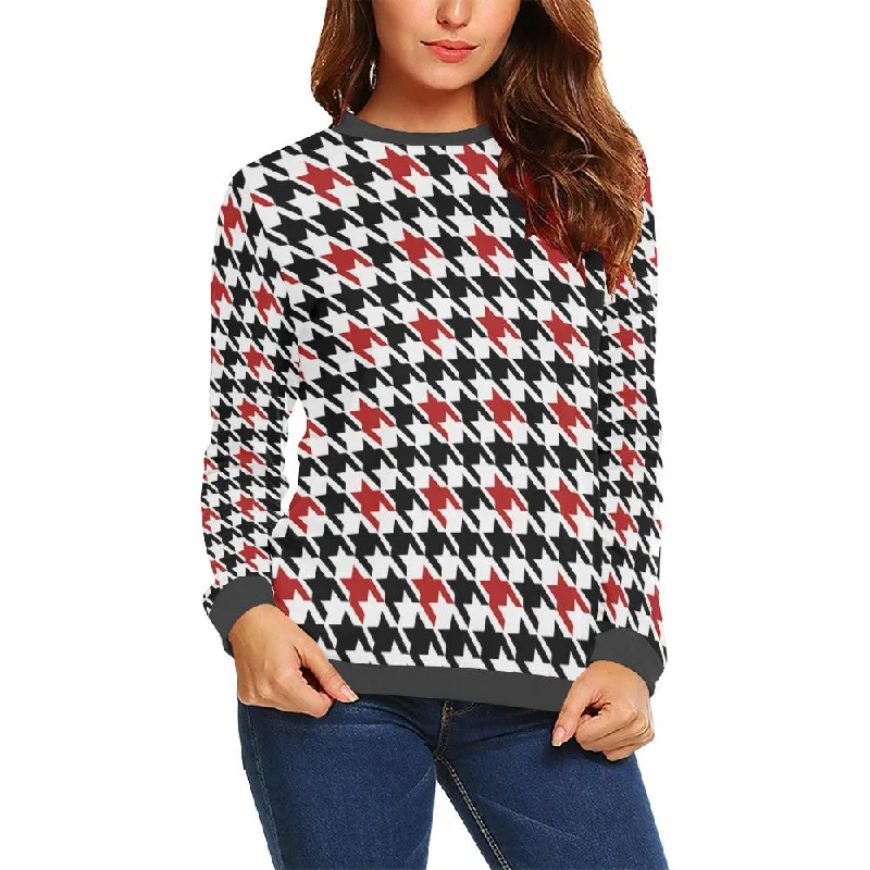 Houndstooth Print Pattern Women's Sweatshirt Hoodie with Hem Frayed Vintage Worn
