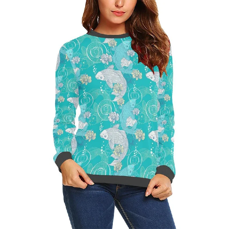 Koi Fish Lotus Pattern Print Women's Sweatshirt Hoodie with Snap Buttons Easy Quick