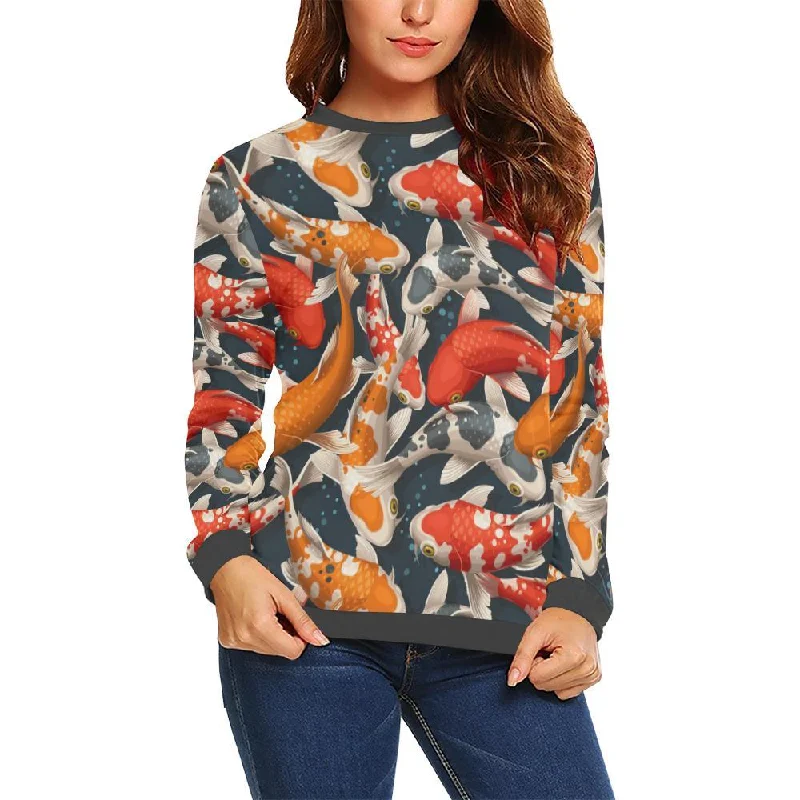 Koi Fish Pattern Print Women's Sweatshirt Hoodie with Rolled Sleeves Casual Relaxed