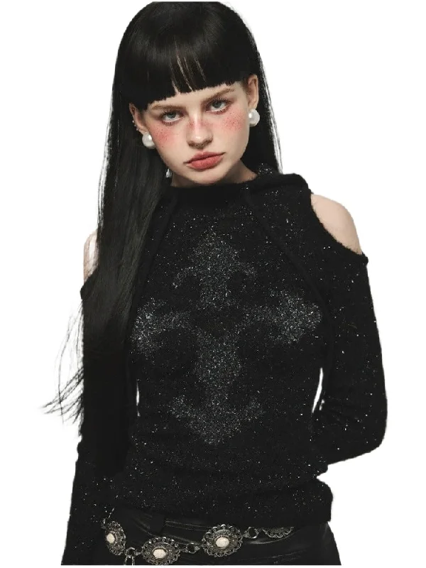 Mohair Off-Shoulder Knit Hoodie Hoodie with Stripes Bold Sporty