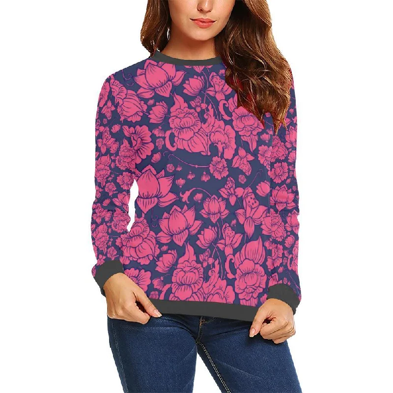 Pattern Print Lotus Women's Sweatshirt Zip Hoodie Drawstring Kangaroo Pocket