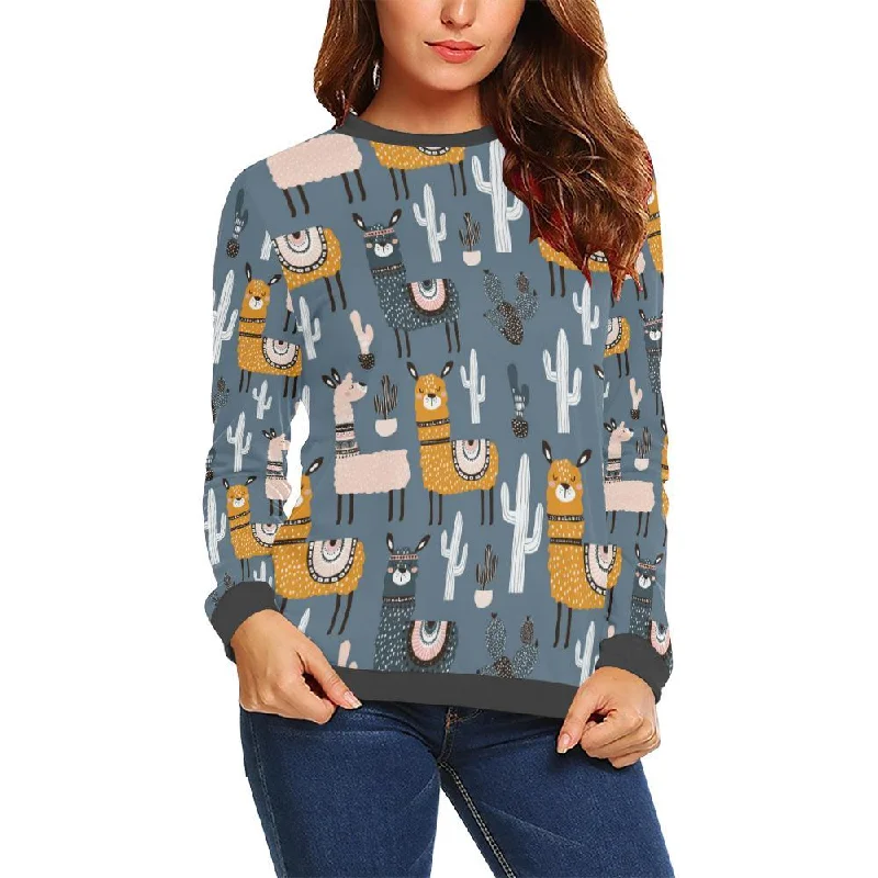 Print Pattern Llama Cactus Women's Sweatshirt Hoodie with Fur Luxurious Winter