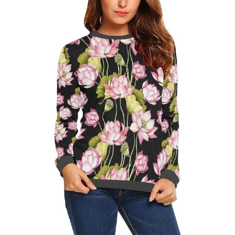 Print Pattern Lotus Women's Sweatshirt Cotton Hoodie Fleece Lining Warmth