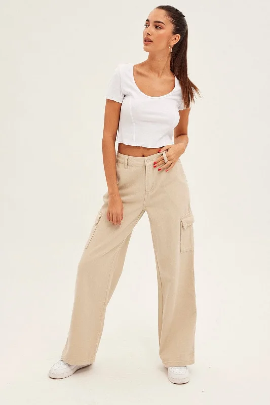 Beige Cargo Denim Jeans High Rise Casual Light Wash Jeans