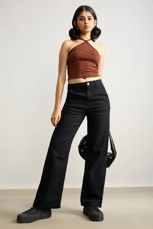 Jet Black Wide Leg Jeans Comfortable Stretch Denim Jeans