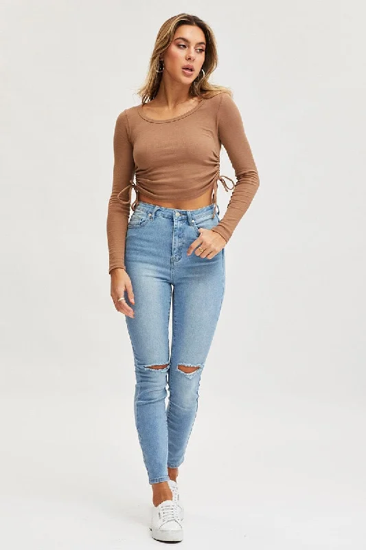 Blue High Rise Knee Slash Skinny Denim Jean Fashionable Jeggings Style Jeans