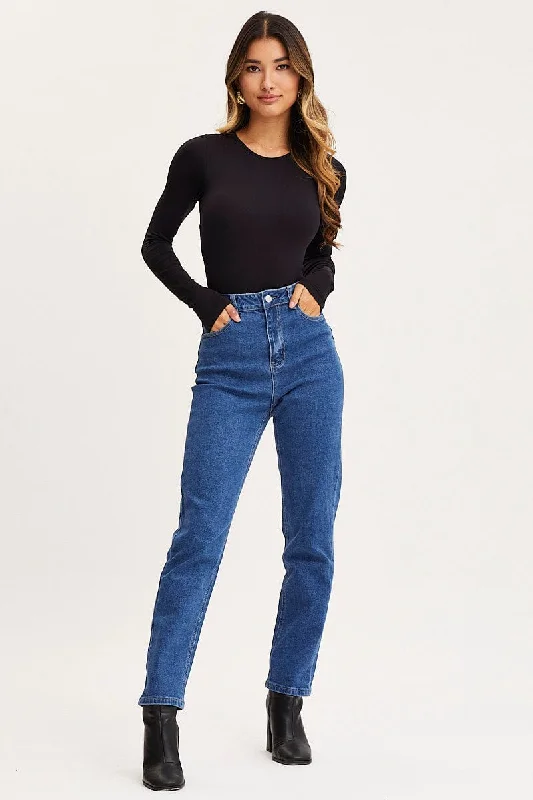 Blue High Rise Mom Jeans Fashionable Raw Hem Bootcut Jeans