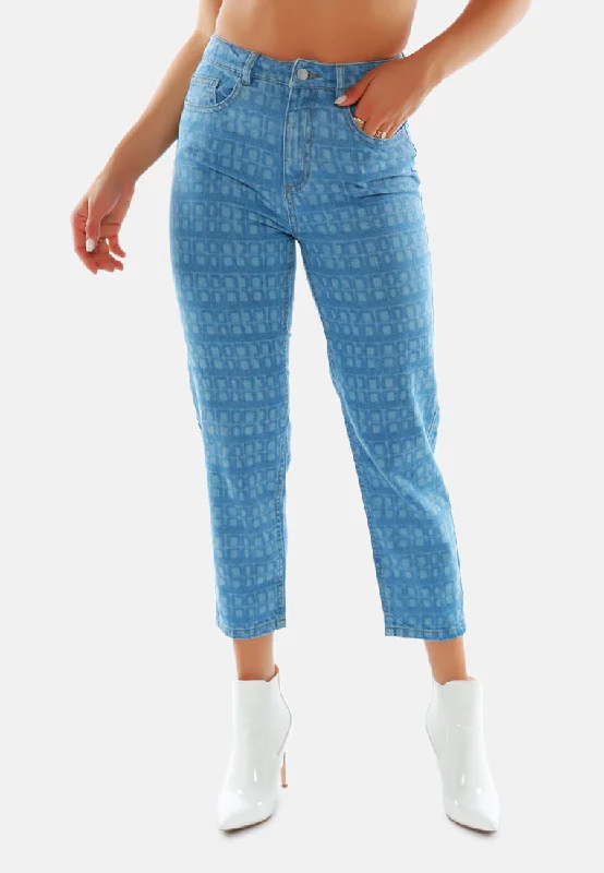 Blue Printed Mom Fit Blue Jeans Pants Trendy Cut-Off Denim Shorts