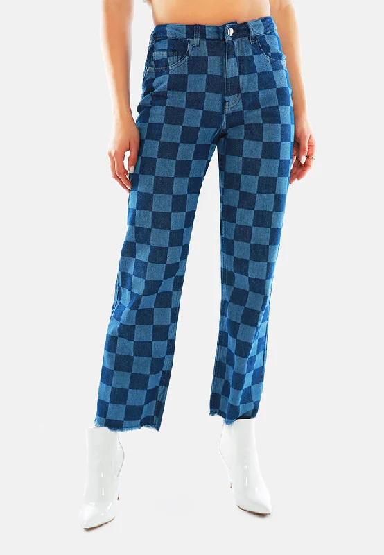 Blue Wide Leg Checkered Jeans Pants Stylish Cargo Style Jeans