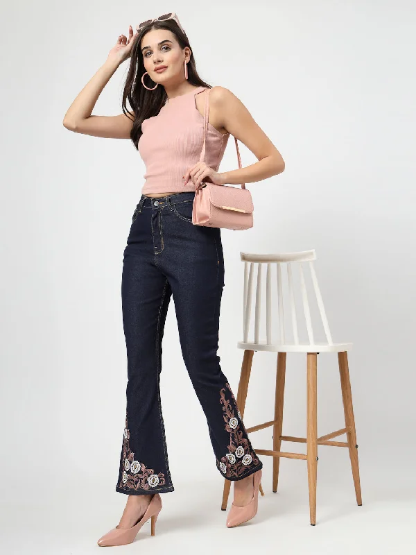 Bootcut High-Rise Embroidered Stretchable Jeans Classic Slim Fit Jeans