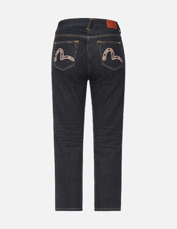 Brocade Seagull Embroidered Straight-cut Jeans Comfortable Mid-Rise Jeans