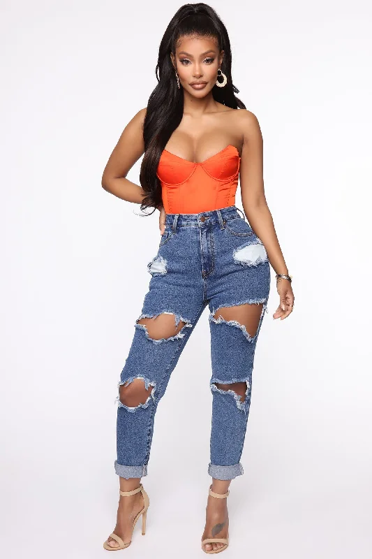 Cara Distressed Boyfriend Jeans - Dark Denim Trendy Layered Pocket Jeans