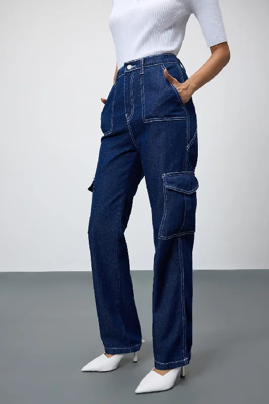 Deep Blue Utility Pocket Cargo Jeans Casual Straight-Leg Jeans