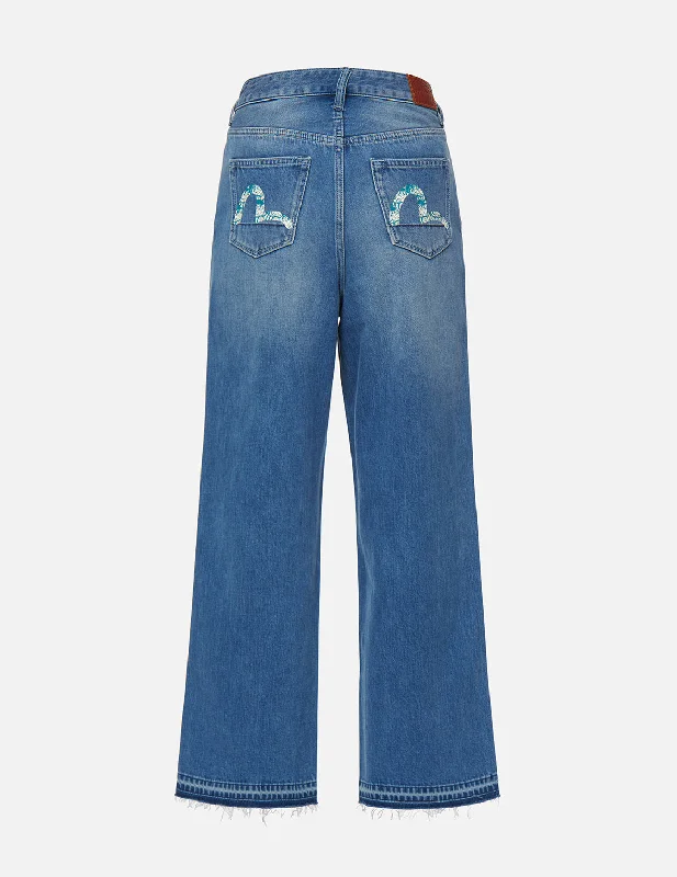 Daruma-pattern Seagull Print High-waist Loost Fit Jeans Trendy Flared Leg Jeans