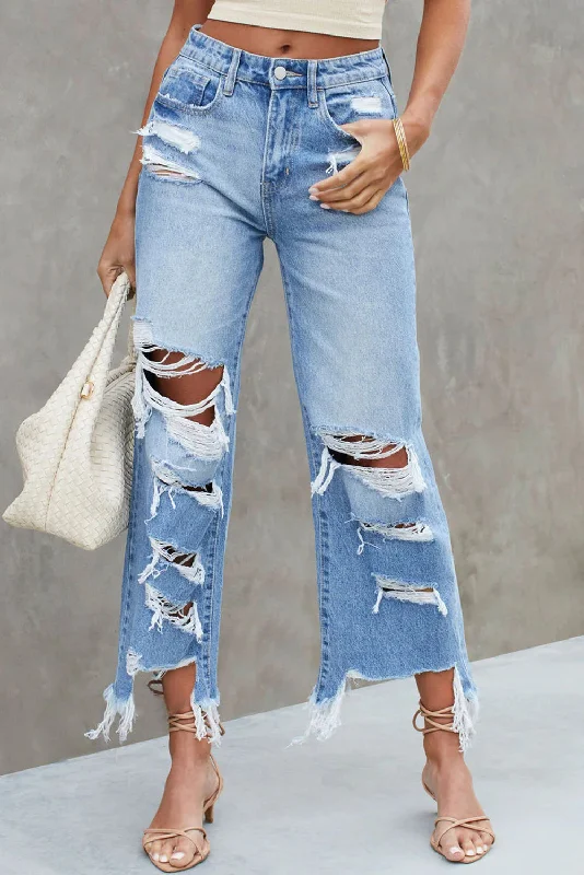 Distressed Raw Hem Jeans with Pockets Chic Cropped Jeans
