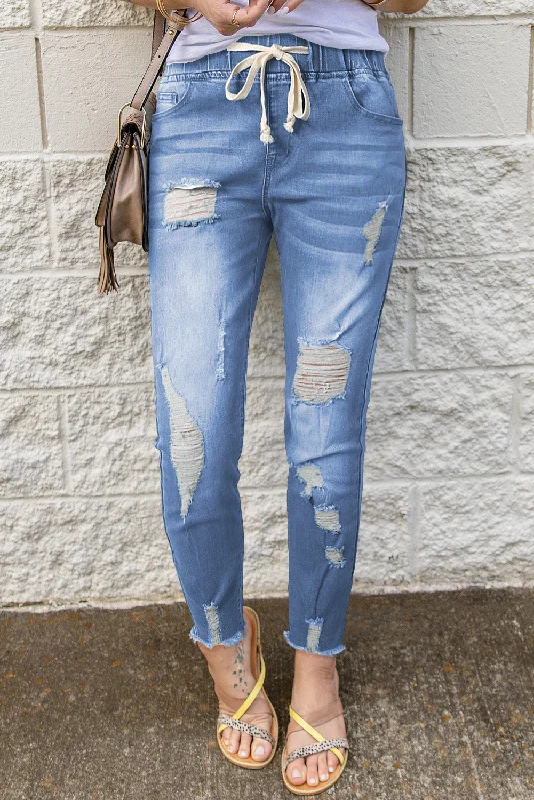 Drawstring Distressed Raw Hem Jeans with Pockets Stylish High-Waist Jeans