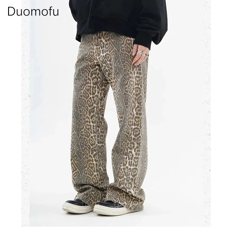 Vintage Leopard Print Jeans Women Casual Hip Pop Wide Leg Trousers Trendy Skinny High-Waist Jeans
