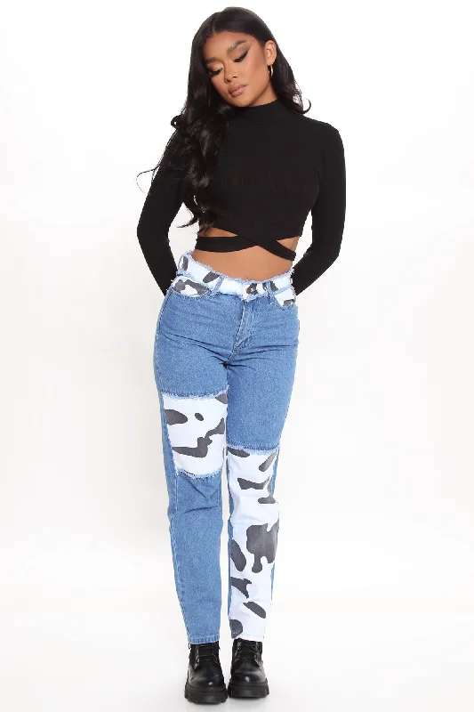 Favorite Cowgirl Colorblock Mom Jeans - Black/combo Trendy Layered Pocket Jeans
