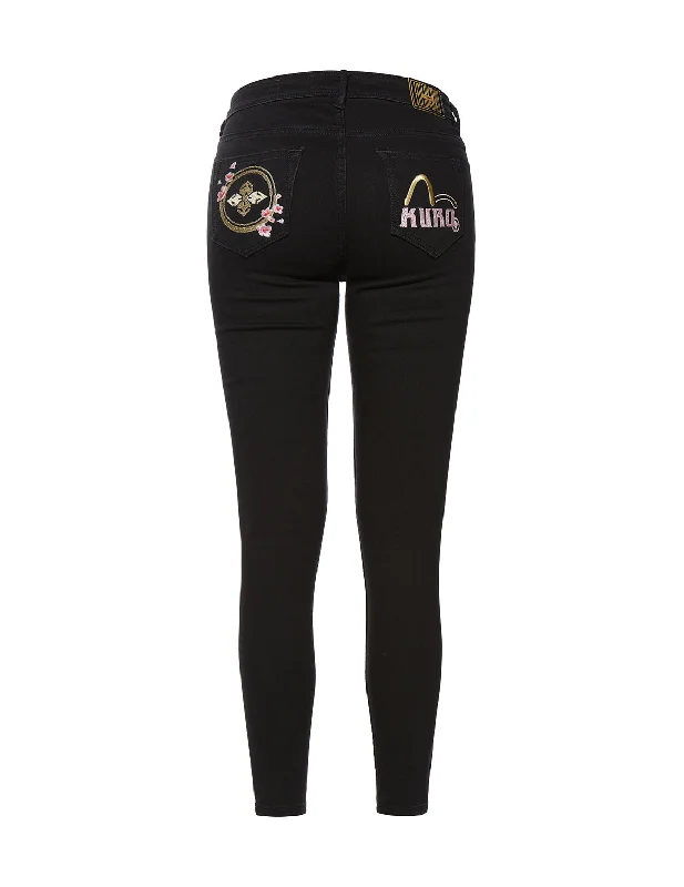 Floral Embroidered Skinny Cropped Jeans Fashionable Raw Hemmed Jeans