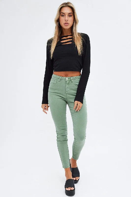 Green Skinny Denim Jeans Mid rise Comfortable Faded High-Rise Jeans