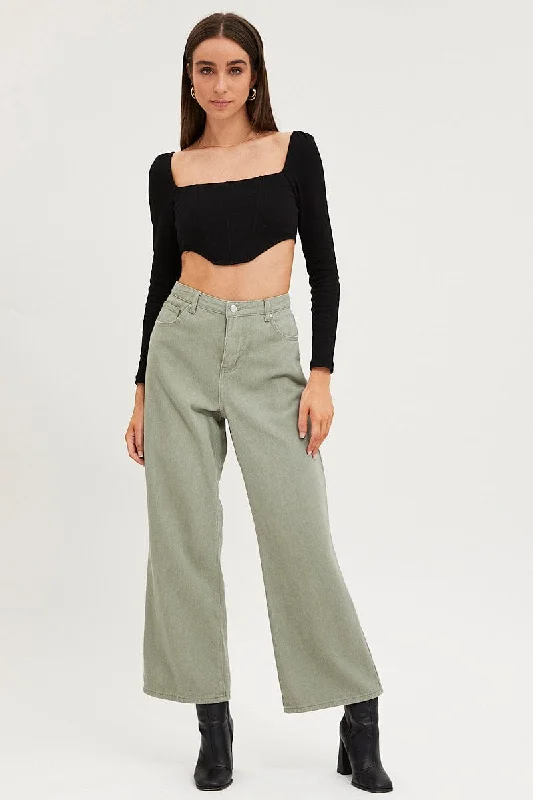 Green Wide Leg Denim Jeans High Rise Casual Wide-Legged Denim Jeans