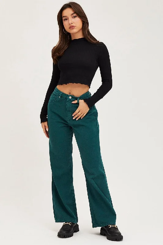 Green Wide Leg Denim Jeans High Rise Casual Distressed Denim Jeans