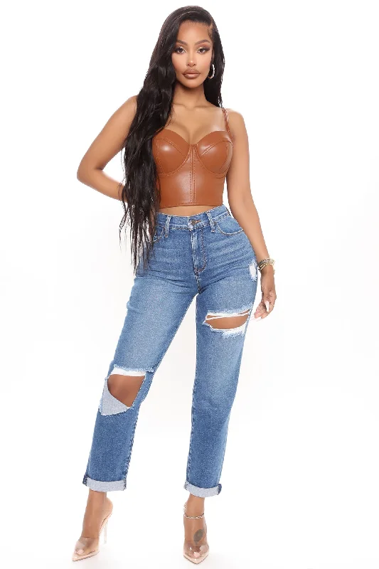 Hometown Cutie Destroyed Mom Jeans - Medium Blue Wash Fashionable Vintage Wash Jeans
