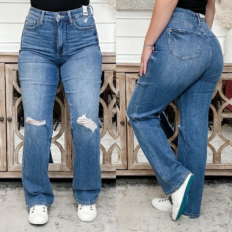 Judy Blue Alani Tummy Control Distressed High Rise Straight Leg Jeans Trendy Bootcut High-Waisted Jeans