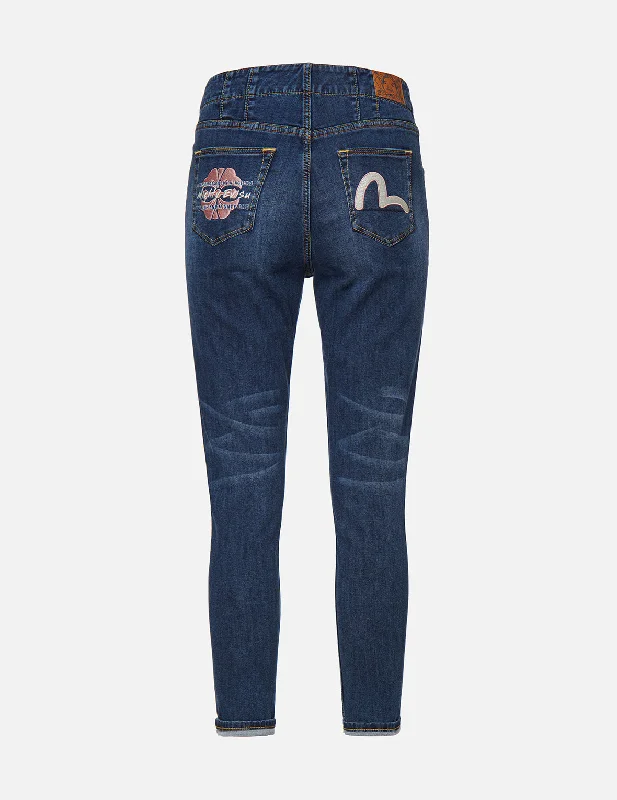 Kamon and Seagull Embroidered Skinny Jeans Trendy Patchwork Denim Jeans