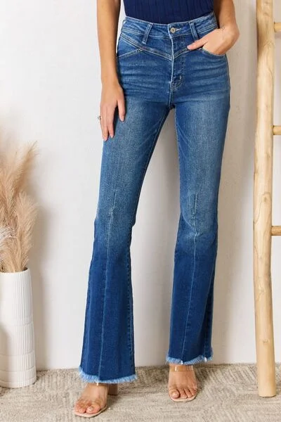 Kancan ASHTON High Rise Raw Hem Flare Jeans Chic Rip-Detail High-Waist Jeans