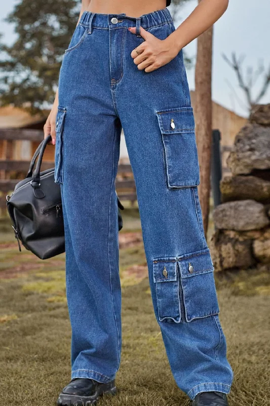 Loose Fit Long Jeans with Pockets Casual Wide-Legged Denim Jeans