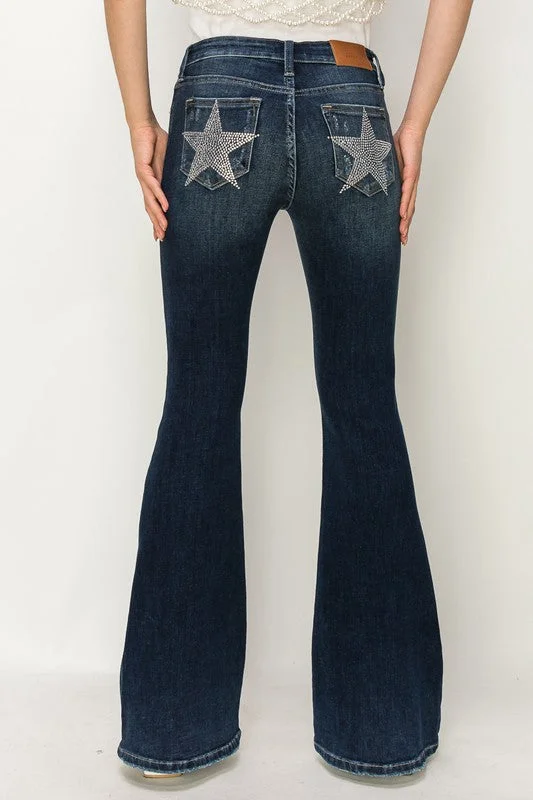 MID RISE FLARE STAR RHINESTONE ON POCKETS JEANS Elegant Dark-Wash Bootcut Jeans