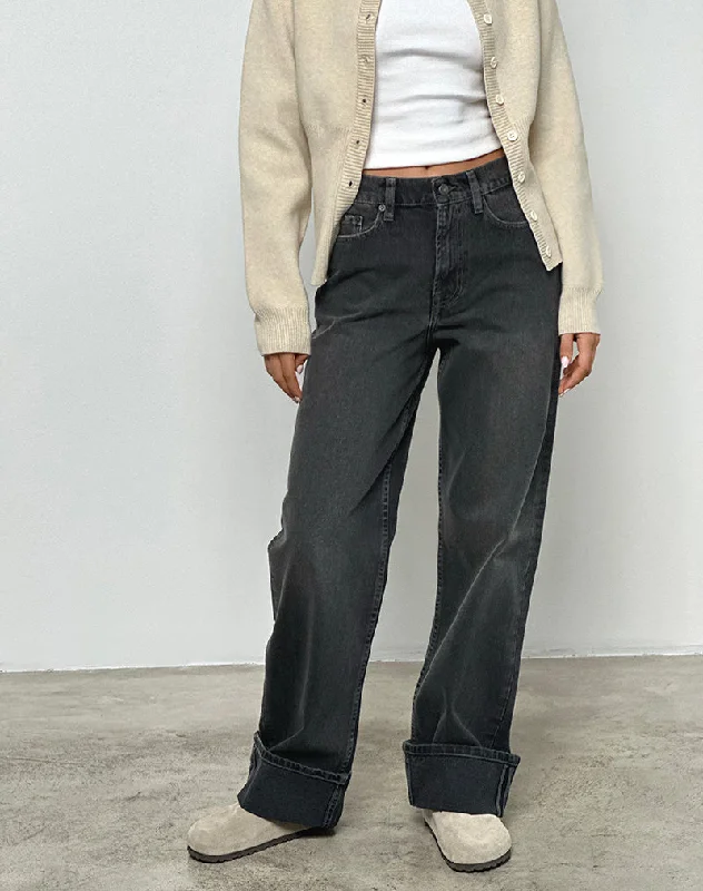 Mid Rise Turn Up Straight Jeans in Washed Black Grey Cozy Stretch High-Waist Jeans