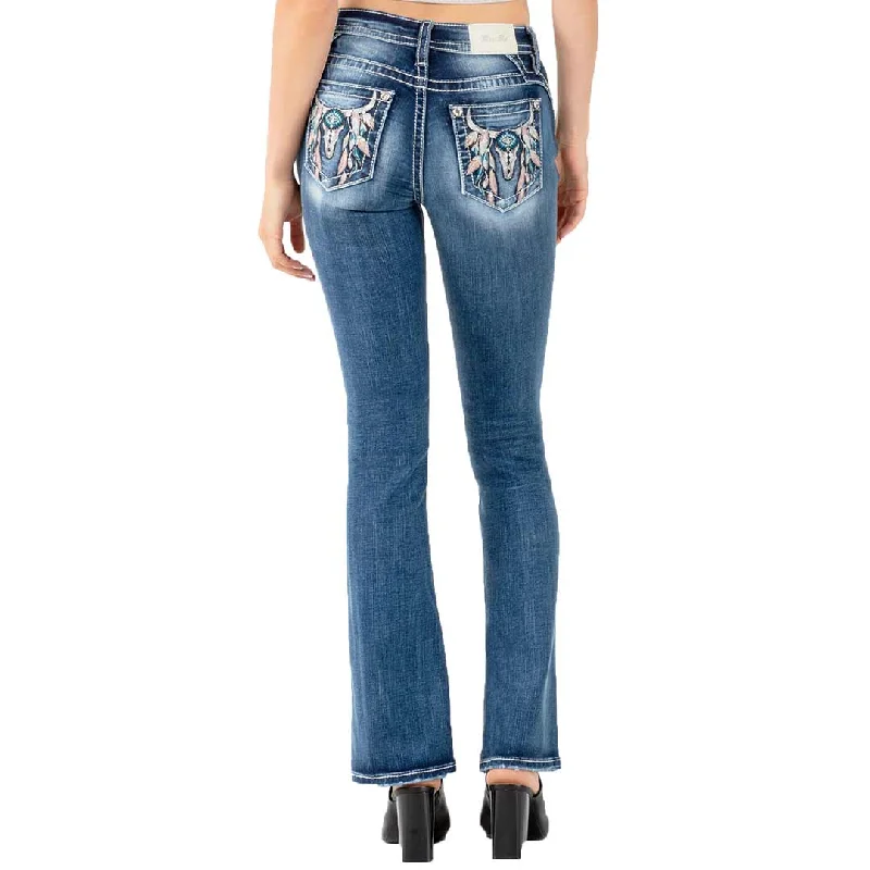 Miss Me Women's Steer Skull Pocket Bootcut Jeans Elegant Skinny Leg Jeans