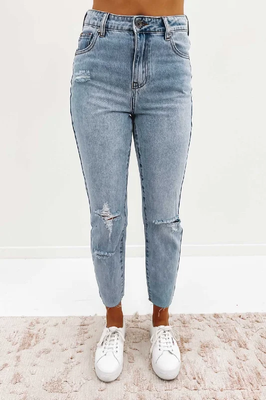 Monica Mom Jean Destroyed Blue Comfortable Full-Length Denim Jeans