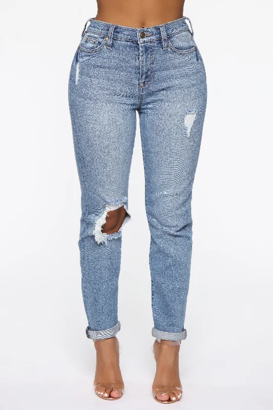 Need A New High Rise Mom Jeans - Medium Blue Wash Stylish Cargo Style Jeans