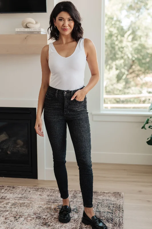 Judy Blue Octavia High Rise Control Top Skinny Jeans in Washed Black Stylish Acid-Wash Jeans