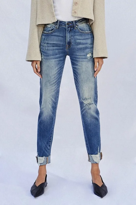 Raw Hem Boyfriend Jeans Stylish Acid-Wash Jeans